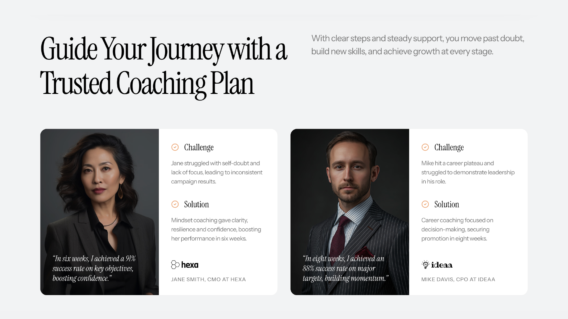 Coach profiles with real stories instead of numbers. People pick a coach based on the person, not a rating.